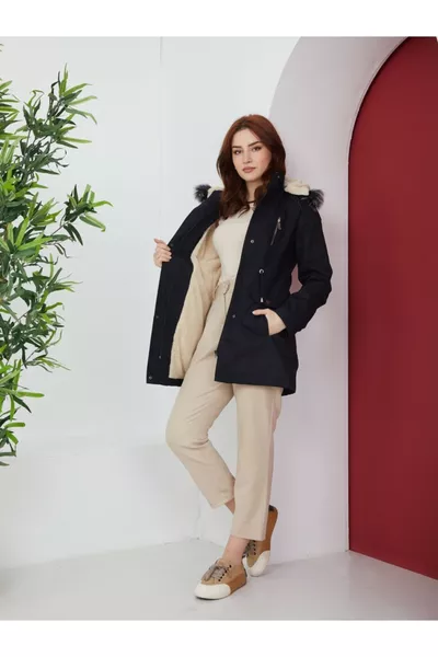 Manteau femme en lin Kanvas avec capuche en fourrure et intérieur en laine