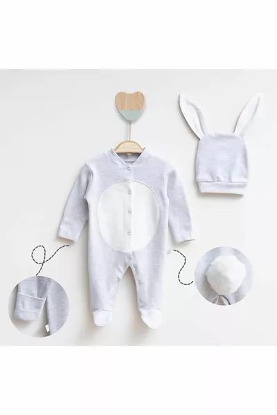 مجموعة ملابس حديثي الولادة للبنات والذكور مع أرانب، خروج من المستشفى، مصنوعة من القطن، للمواليد الجدد، اللون رمادي