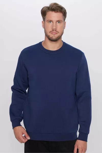 Unisex Relax-Fit Sweatshirt aus weicher Baumwolle mit Polar-Futter, schlicht, dunkelblau, Rundhalsausschnitt