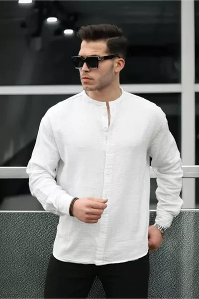 قميص رجالي من الموسلين خفيف وقابل للتنفس، بياقة حكيم نص أزرار وباسلوب واسع - أبيض