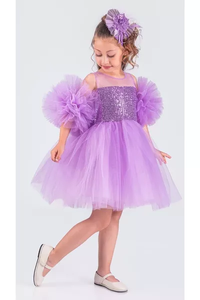 Şifon Robalı Ponpon Kol Pul Payetli Kız Çocuk Kabarık Etek Tütülü Abiye LİLA