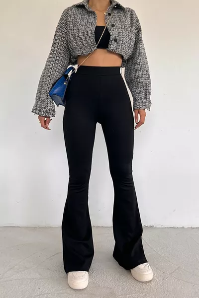 بنطال ضيق نسائي أسود بنمط السبينوّل من قماش الغوص عالي الخصر مع ليكرا يدعم الجسم