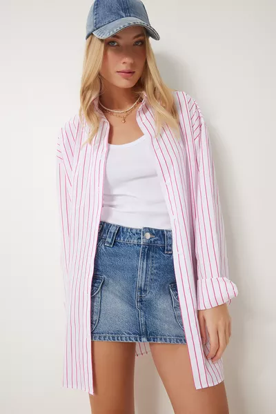 Damen Weiß Rosa Gestreiftes Oversize Langarm Webhemd 