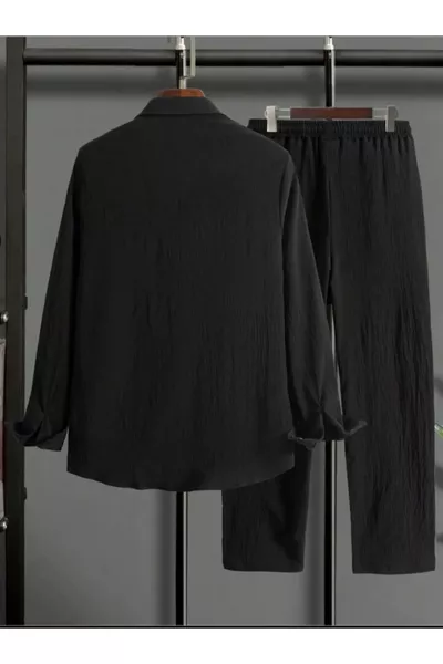 طقم رجالي قميص أسود بأكمام طويلة وسروال رياضي محبب