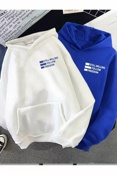 Felpa Invernale Spessa Still Freedom Set di 2 - Bianco Sax Blu con Stampa Oversize con Cappuccio