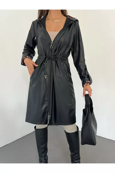 Foldable Sleeve, Drawstring Waist Hooded Leather Coat - Black