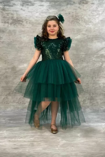 Robe d'enfant Verte à Volants avec Paillettes et Fermeture à Boucle Hayal Model Kids 