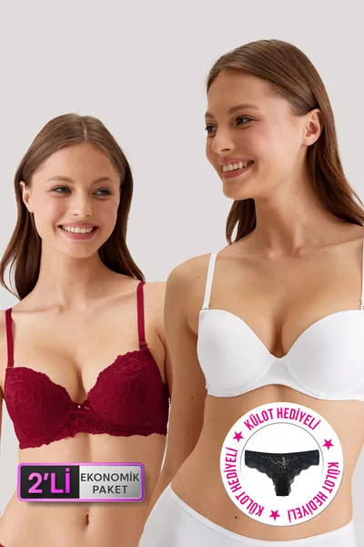Икономичен комплект от 2 части -3 Бяло и Бордо Мадрид Едноцветен сутиен без подплънка с дантела и микросутиен (с подарък слип)