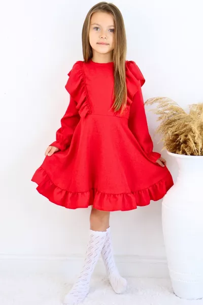Kız Çocuk Catherine Kırmızı Fiyonklu Fırfırlı Uzun Kol Keten  Nisan  Ekim Gösteri Elbisesi