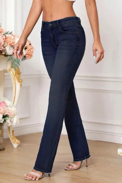 Pantalon pour femme, taille haute, coupe régulière, en tissu extensible, couleur bleu brut