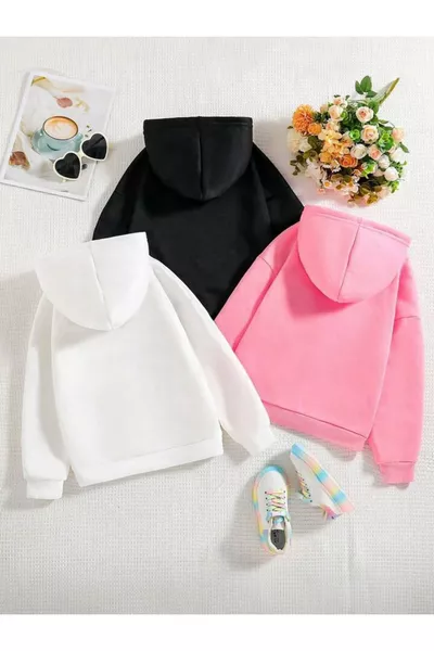 Kız Çocuk 3'lü Paket Kapşonlu Girls Baskılı Pembe-Siyah-Beyaz Sweatshirt
