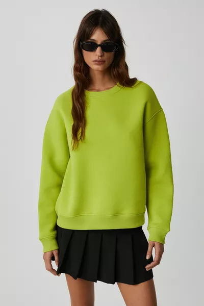 VANELTINA Sweat-shirt Femme en Coton Bio Polaire à l'Intérieur, 3 Fils, Oversize, Col Rond Basique, Vert Pistache