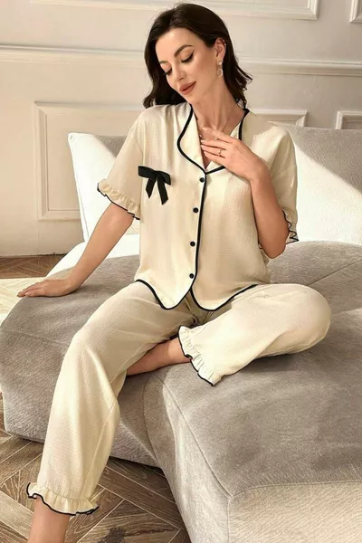 Short Sleeve Bow Detail Buttoned Pajama Set