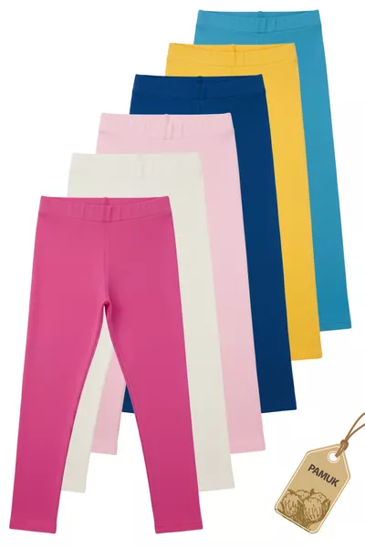 Mädchenleggings - 6er-Set Einfarbige Basic-Leggings aus Baumwolle mit Elasthan, Ganzjahres, Atmungsaktiv, Lang