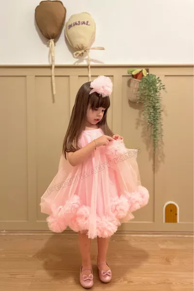 Roze Mouwloze Jurk met Pompons en Pompondiadeem voor Meisjes & Babymeisjes - Lara