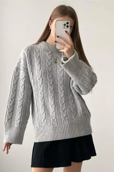 Maglione a Maglia con Scollo Rotondo Grigio 