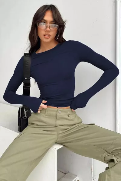 Bicycle Neck Navy Basic Long Sleeve Bodysuit Fully Stretchy Regular Fit