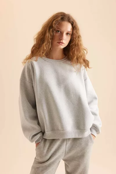 Coool Oversize Geniş Kalıp Bisiklet Yaka Basic Düz Kalın Gri Sweatshirt AXNS