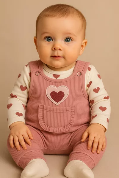 طقم رضّاع قلب للبنات المكون من 3 قطع – رومبير بأكمام، رومبير بجيب وجوارب | ملابس أطفال من 3-6-9 أشهر