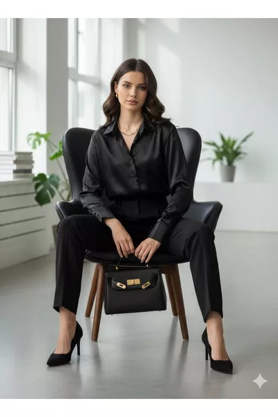 Damen Schwarzes Oversize Satinhemd