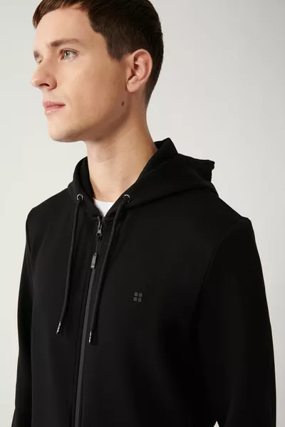 هوديي أسود للجنس الذكري من قماش إنترلوك بسوستة، تصميم أساسي بقصة عادية 