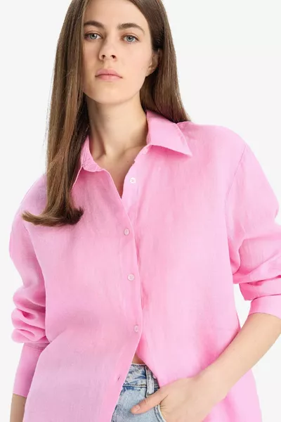 % Linen Oversized Loose Fit Basic Plain Pink Long Sleeve Shirt sp
