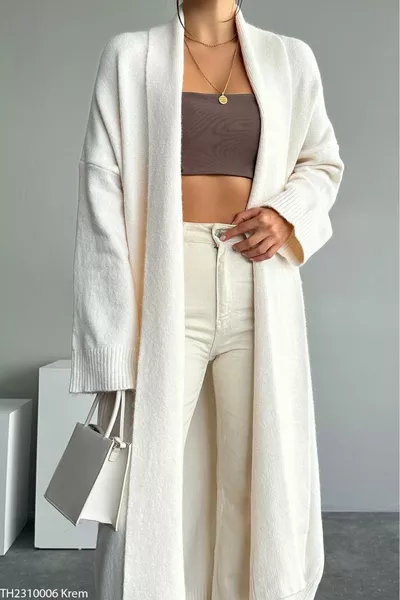 Women's Cream Shawl Collar Long Knit Cardigan