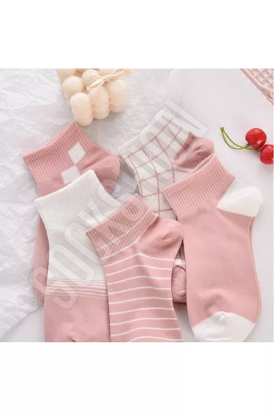 Women's Pink Patterned Half-Calf College Sock Set - 5 Pairs