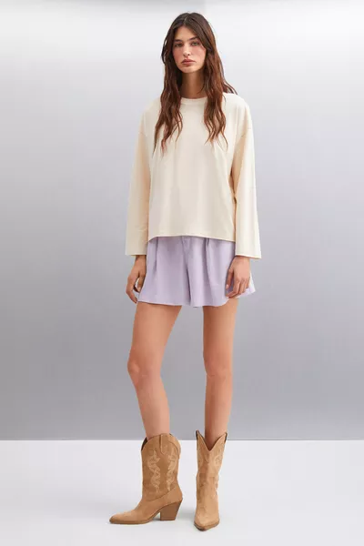 Basıl Kadın Oversize % Organik Pamuk Örme Uzun Kol Bej T-shirt