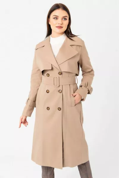 معطف طويل نسائي بيج جديد % قطن جاباردين مبطن بحزام ( سم) 