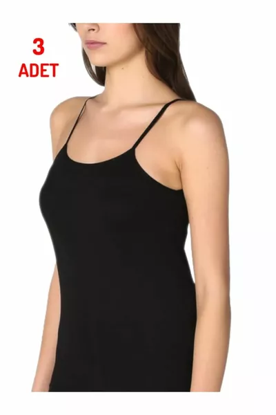 قميص داخلي نسائي أسود بحمالات خيطية، عبوة 3 قطع، قطن
