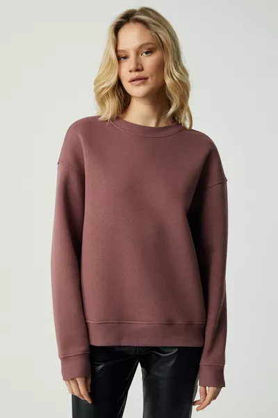 VANELTINA Dames Organische Katoenen Zachte Trui met Polair Voering en Ronde Hals in Aubergine