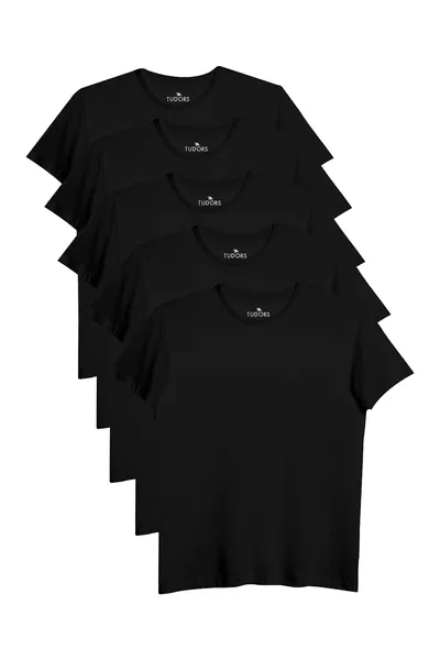 Unisex 5er-Pack Schwarzes Slim Fit Eng geschnittenes T-Shirt aus % Baumwolle mit Rundhalsausschnitt