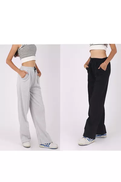 2 pieces of girls' sweatpants with tapered legs, side pockets, a relaxed fit, drawstring, and elastic waist