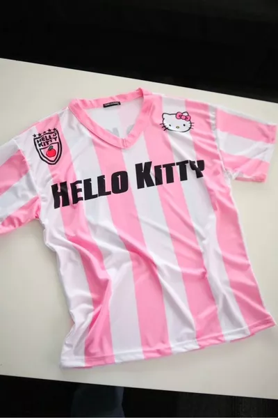 T-shirt Hello Kitty en jersey rose et blanc à col en V rayé