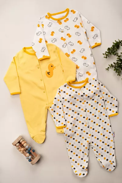 Eendenprint Romper Set van 3 met Sokjes voor Pasgeborenen 3-6-9 Maanden