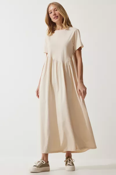 Damen Lang gestricktes Kleid mit Vanille-Raffung 