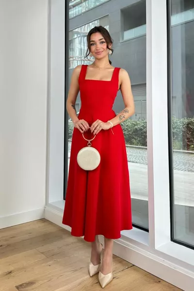 Dames Vierkante Kraag Dikke Bandontwerp Midi Lengte Jurk Rood