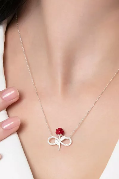 Women's  Sterling Silver Chain White Cubic Zirconia Red Rose Infinity Necklace