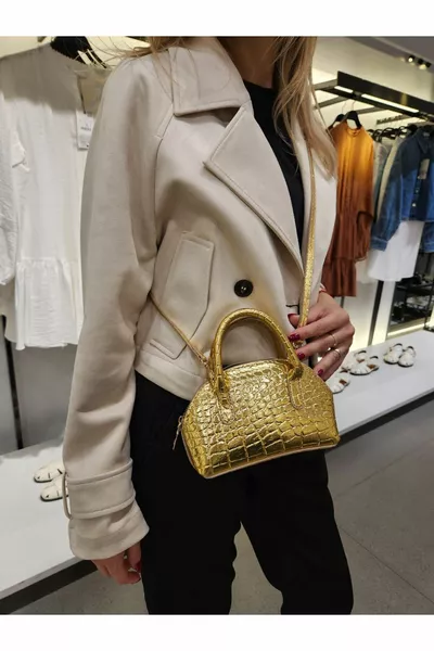 Stores Women's Shiny Mini Crocodile Pattern Zippered Handbag with Short and Long Straps