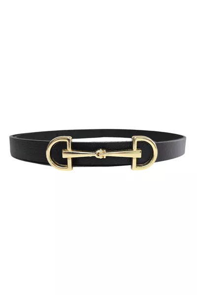 Ceinture fine noire en cuir véritable à boucle dorée