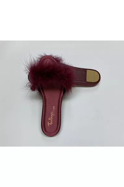 Tüylü Gelin Çeyiz Terligi Bordo Kadın Terlik