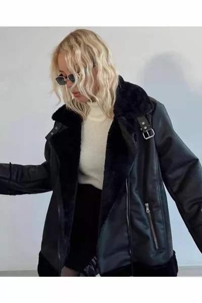 Leather Biker Jacket with Fur