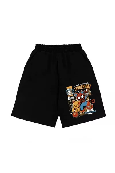 شورت قطن أسود للجنسين مطبوع عليه سبايدر-كات