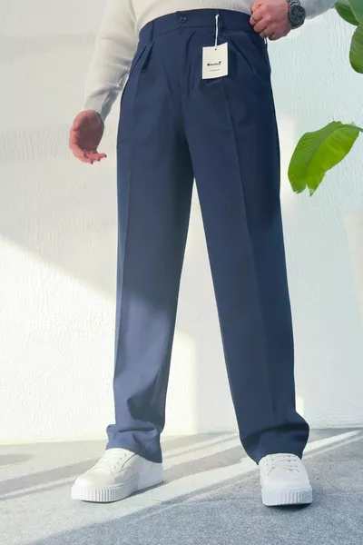 بنطال فضفاض كحلي مزدوج الطيات مع ليكرا، قصة مريحة، الموسم الجديد