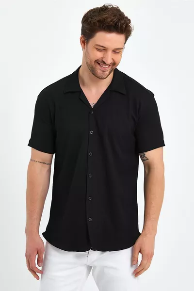 Erkek Slim Fit Kendinden Desenli Keten Apaş Yaka Kısa Kollu Gömlek 