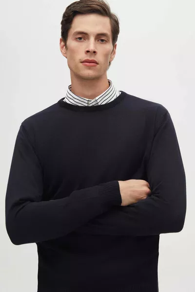 كنزة رجالية Ds Damat بقصة عادية باللون الكحلي، قبة دائرية، من القطن، مقاومة للتكتل