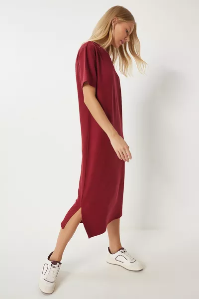 المرأة بورجوندي فضفاضة طويلة عارضة محبوك اللباس 