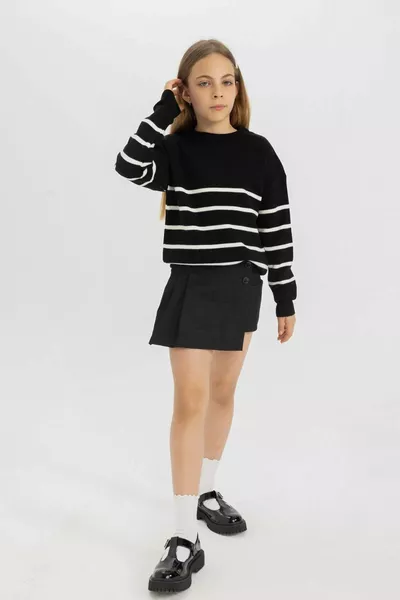 Girl's Black Striped Crew Neck Knit School Sweater AU