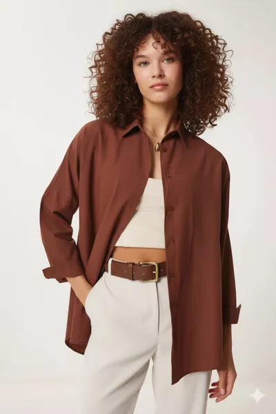 Chemise longue basique oversize marron pour femme 
